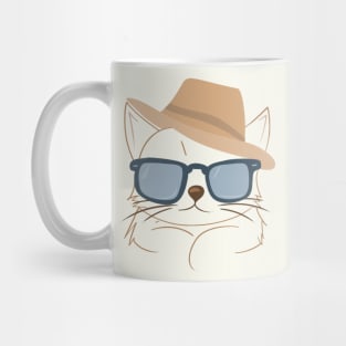 Chic Cat in Brown Hat and Blue Shades - Minimalistic Cat Art Mug